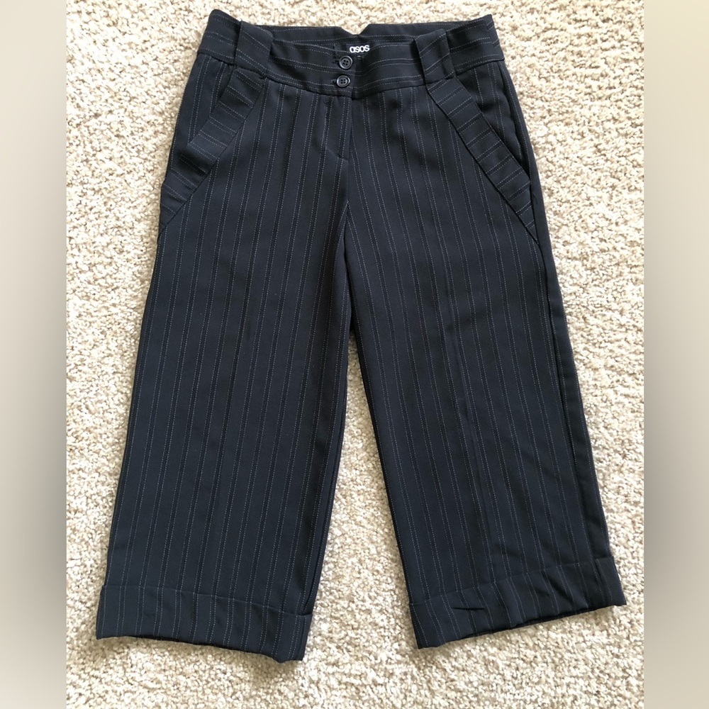 ASOS slim wide leg pants, black pinstripes, size 2, inseam 18.5”, rise 9.5”. - Picture 1 of 4